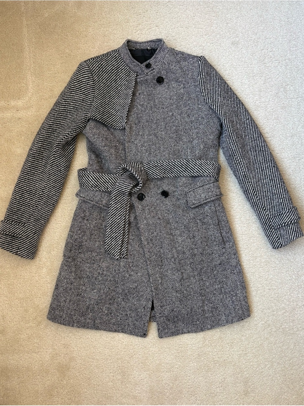 Banana Republic black white wool blend tweed trench coat sz XS academia preppy